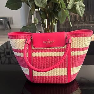 NWT Kate Spade Cruise Medium Striped Straw Tote Crossbody Bag pink